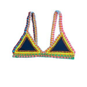 Kiini Ro Crochet Trim Triangle Bikini Top Navy Blue Neon Multicolor Size M